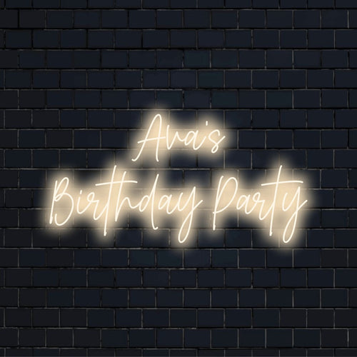 Ava_s Birthday Party Personalized LED Neon Sign, soft neon glow against black brick wall