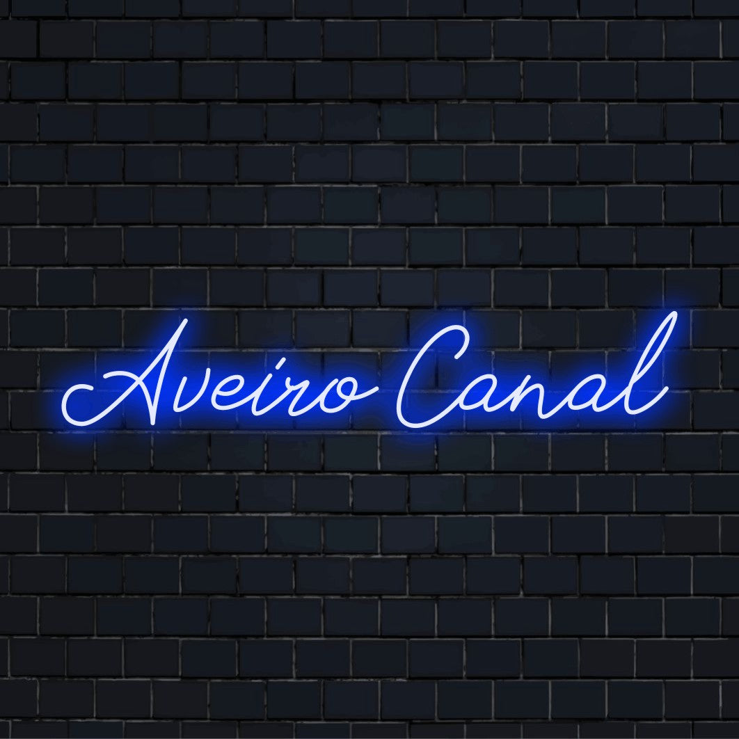 Aveiro Canal LED Neon Sign, bright neon glow on dark brick wall