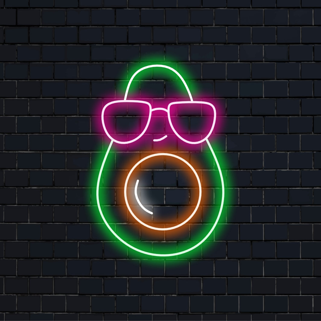 Avocado Sunglasses Icon Neon Sign, glowing neon text on dark brick background