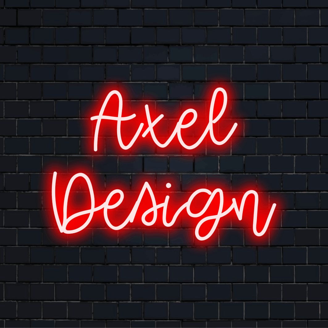 Axel Design Personalized LED Neon Sign, bright neon lettering against black brick wall