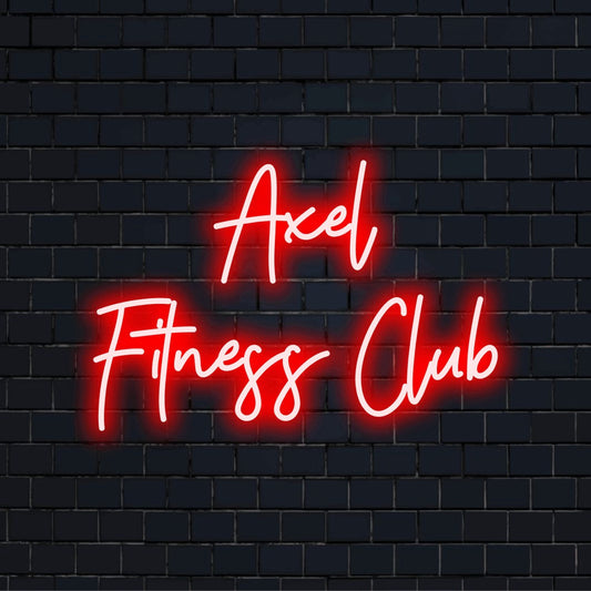 Axel Fitness Club Personalized LED Neon Sign, glowing wall decor against brick backdrop