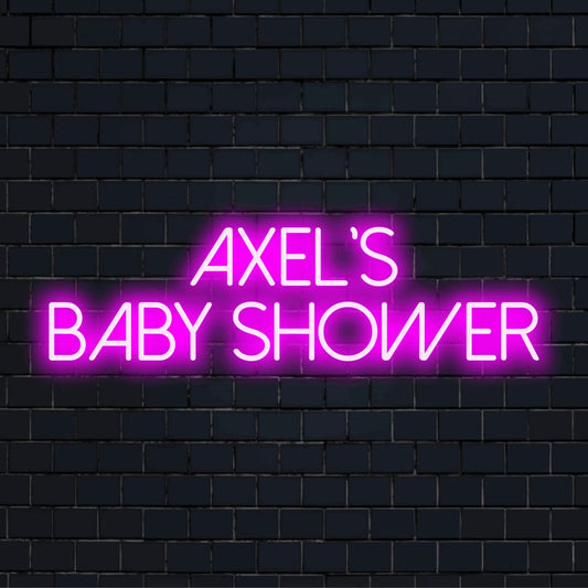 Axel_s Baby Shower Custom Name Neon Sign, neon text light against brick backdrop
