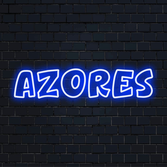 Azores Neon Sign, bright LED glow on black brick background