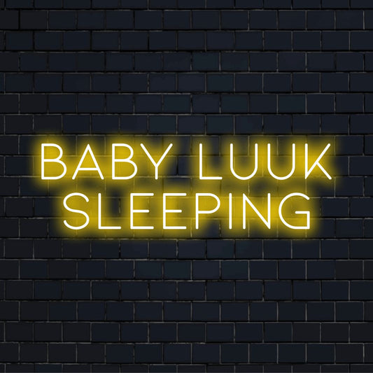 Baby Luuk Sleeping Custom Name Neon Sign, soft neon glow on black brick background