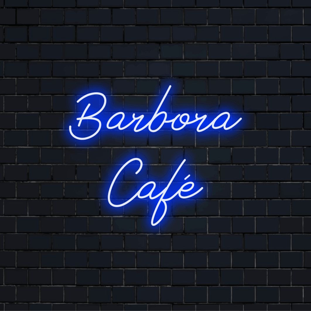 Barbora Cafe Personalized LED Neon Sign, bright LED glow on black brick background