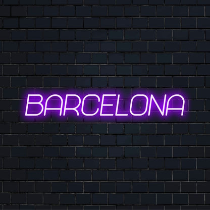 Barcelona LED Neon Sign, glowing lettering against brick backdrop