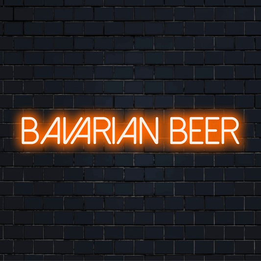 Bavarian Beer LED Neon Sign, bright neon lettering against brick backdrop