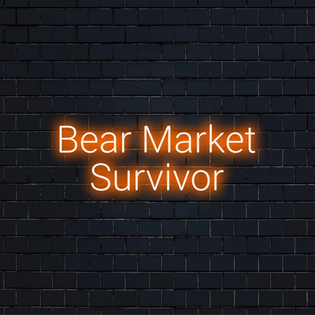 Bear Market Survivor Neon Sign, glowing neon text on black brick background