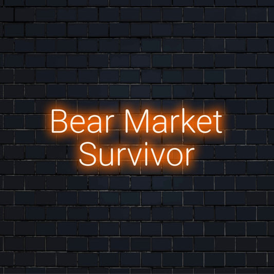 Bear Market Survivor Neon Sign, glowing neon text on black brick background