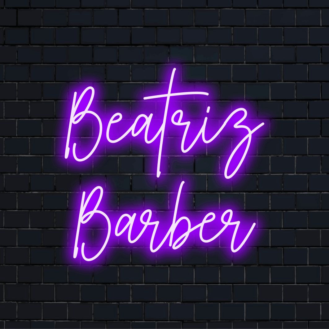 Beatriz Barber Personalized LED Neon Sign, neon text light on dark brick background