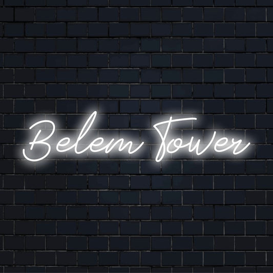 Belem Tower Neon Sign, glowing lettering against brick backdrop