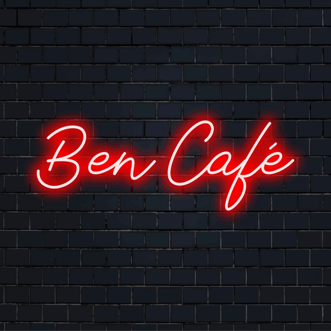 Ben Cafe Personalized LED Neon Sign, glowing neon text on dark brick wall