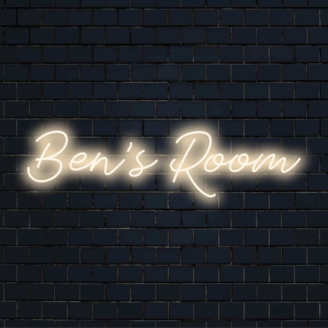 Ben_s Room Personalized LED Neon Sign, bright neon lettering on black brick background