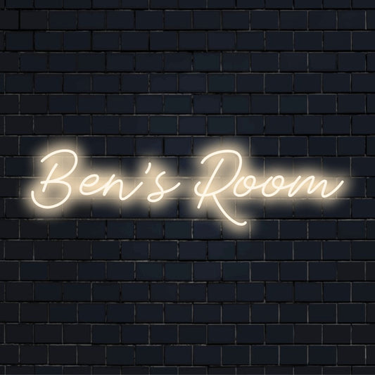 Ben_s Room Personalized LED Neon Sign, bright neon lettering on black brick background