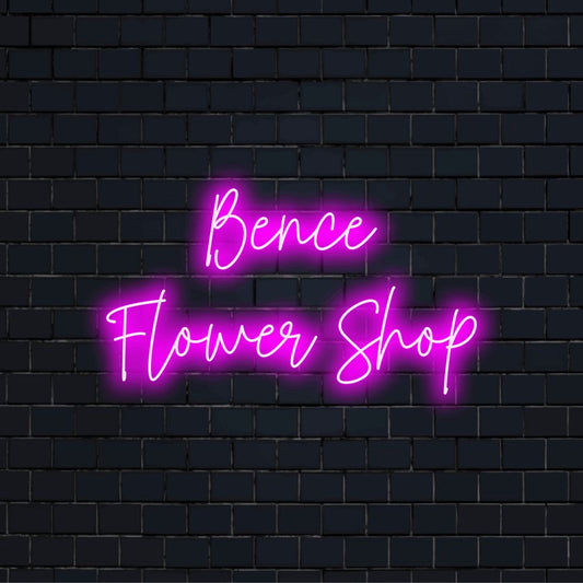 Bence Flower Shop Custom Name Neon Sign, bright neon glow on black brick background