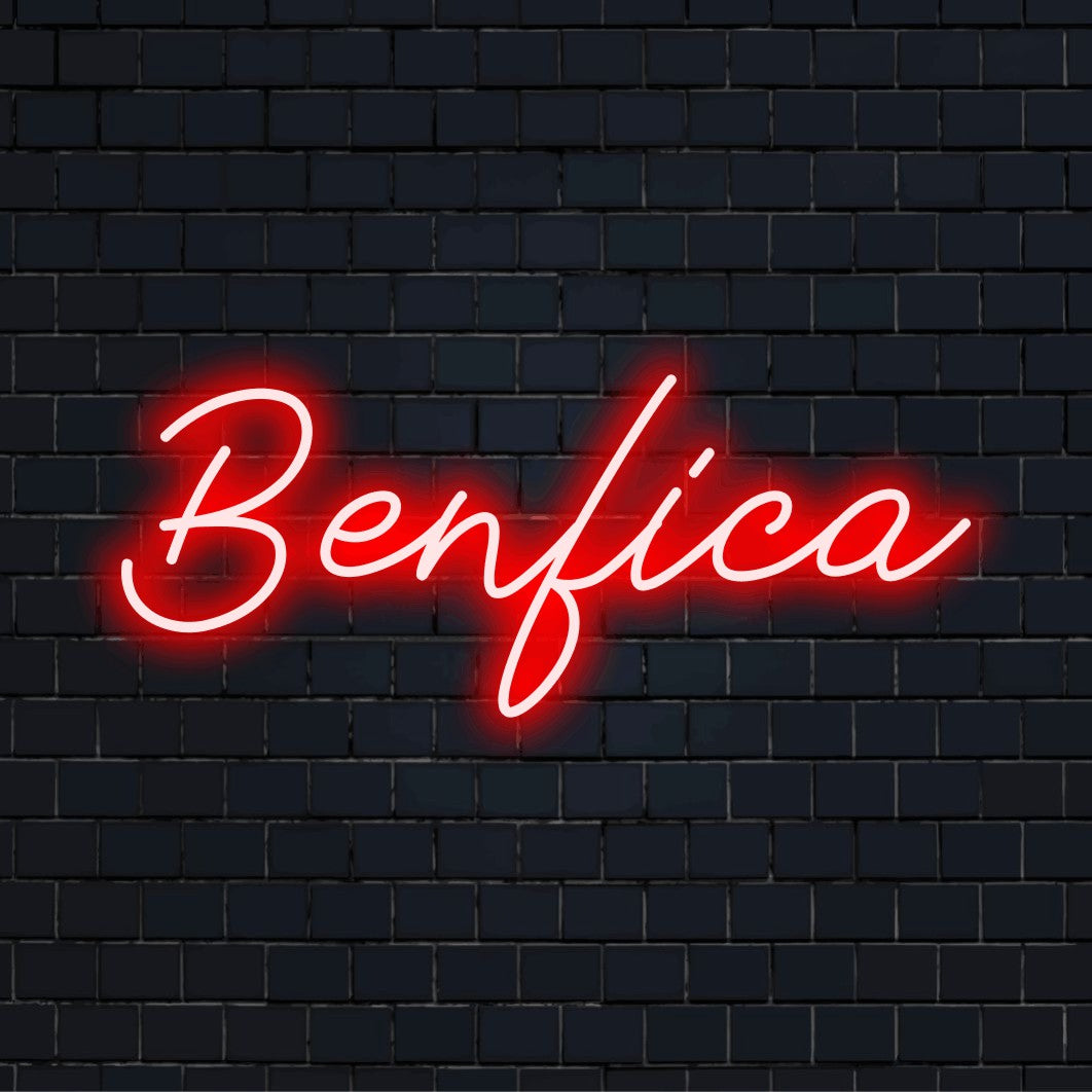 Benfica Neon Sign, glowing lettering on dark brick wall