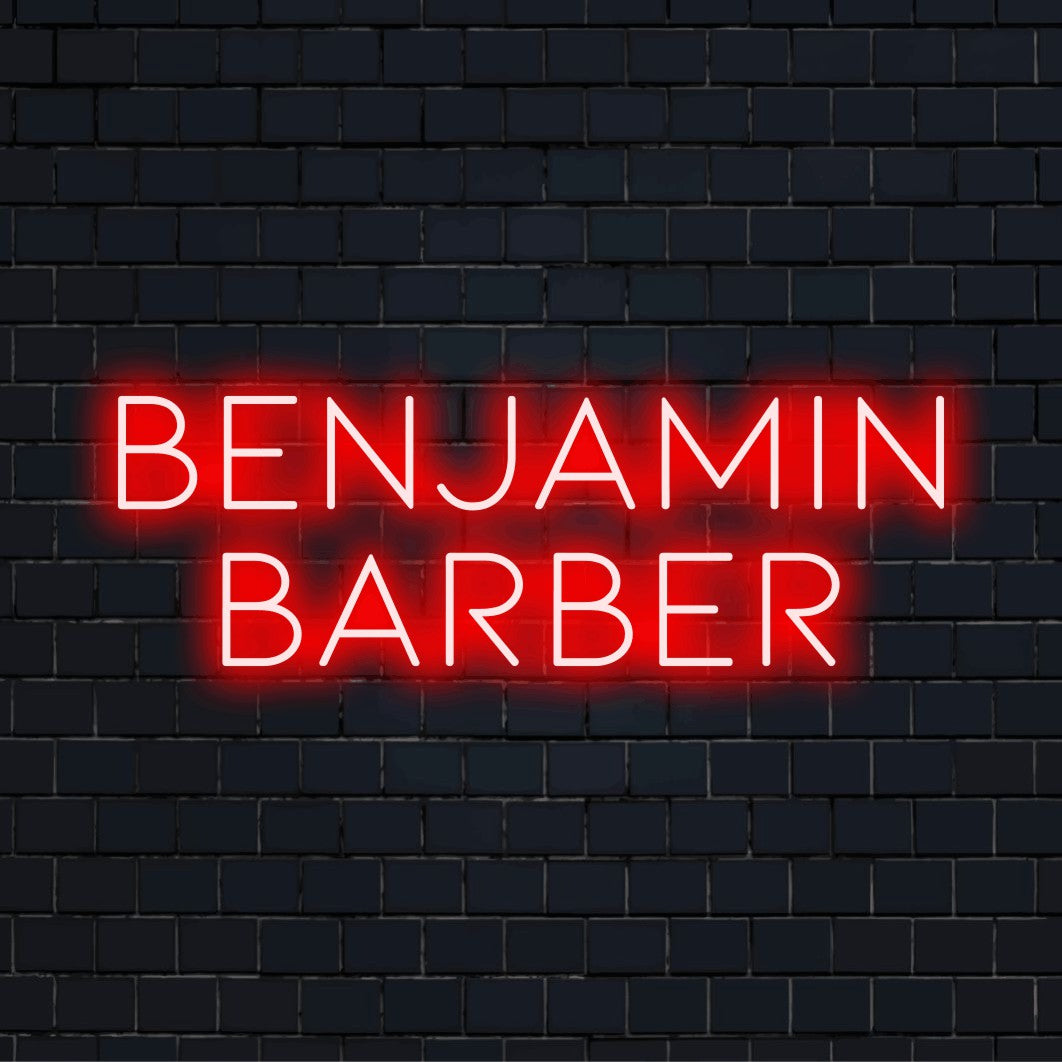 Benjamin Barber Custom Name Neon Sign, bright neon lettering on dark brick wall