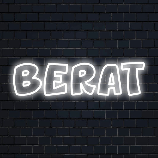 Berat Neon Light with bright LED glow on black brick background