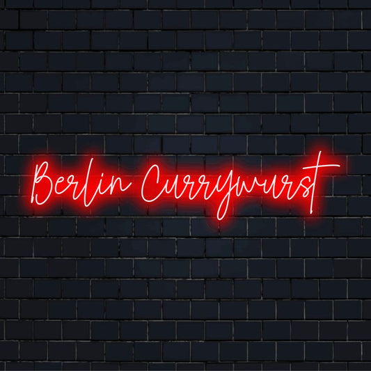 Berlin Currywurst Neon Sign, glowing wall decor on dark brick background