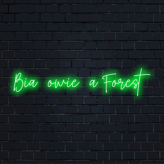Bia Owie A Forest LED Neon Sign, bright neon glow on black brick background