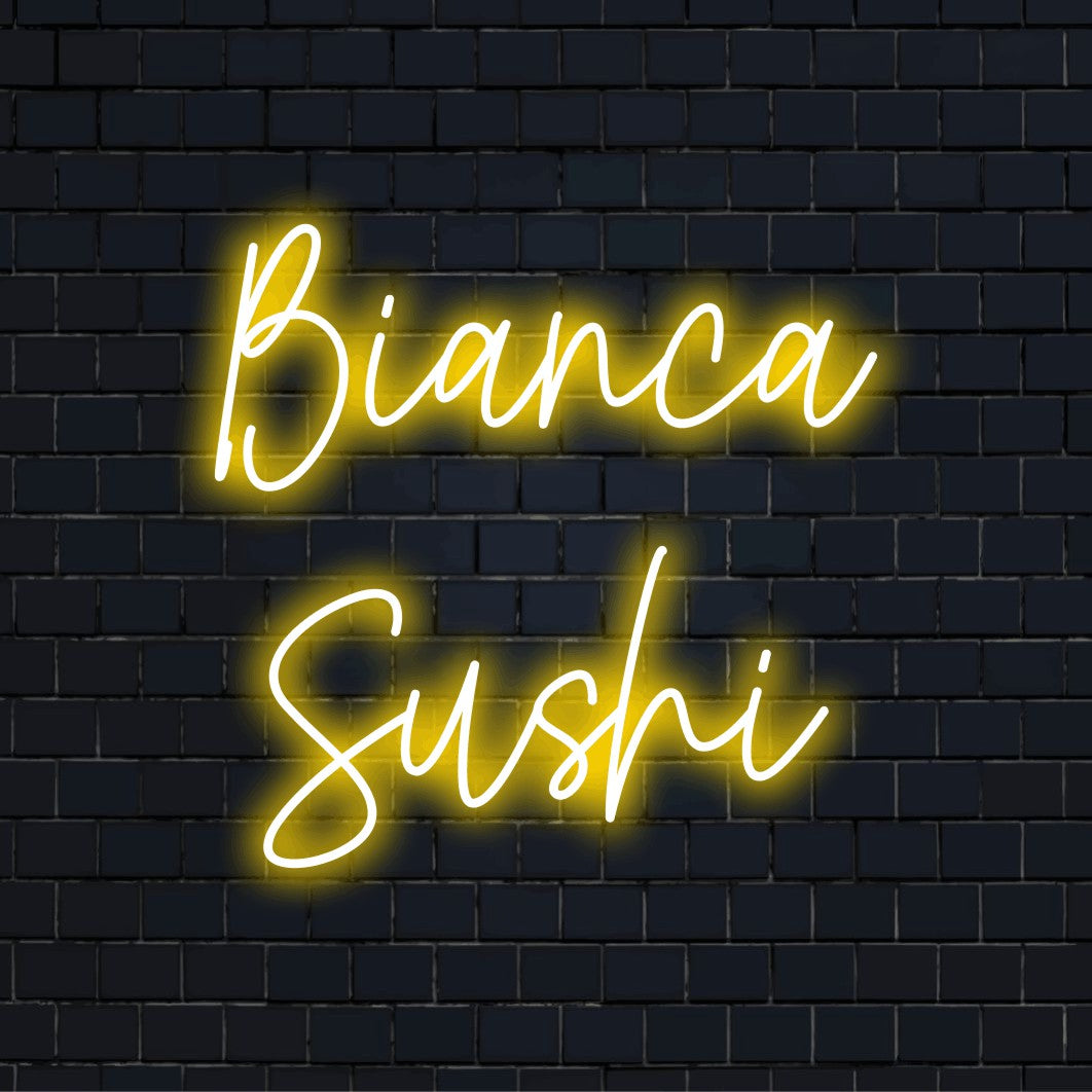 Bianca Sushi Personalized LED Neon Sign, glowing neon text on black brick background