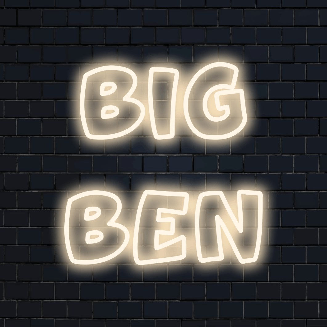 Big Ben Neon Light with neon text light against black brick wall