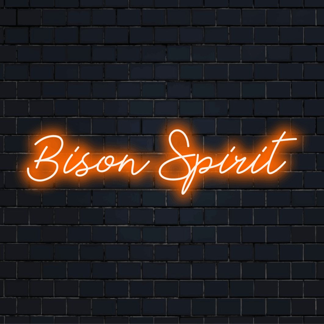 Bison Spirit LED Neon Sign, bright neon glow on dark brick wall
