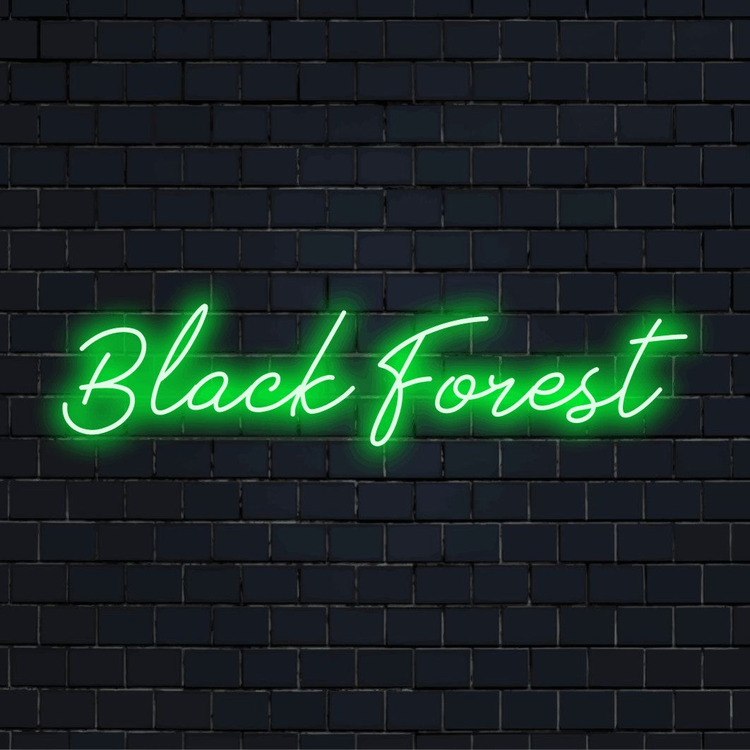 Black Forest LED Neon Sign, glowing wall decor on black brick background