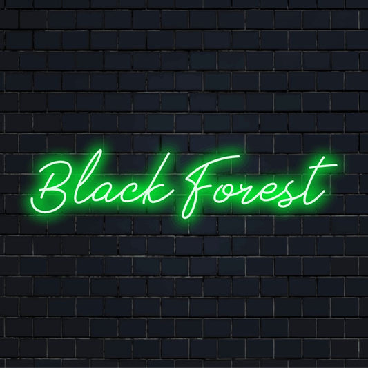 Black Forest LED Neon Sign, glowing wall decor on black brick background