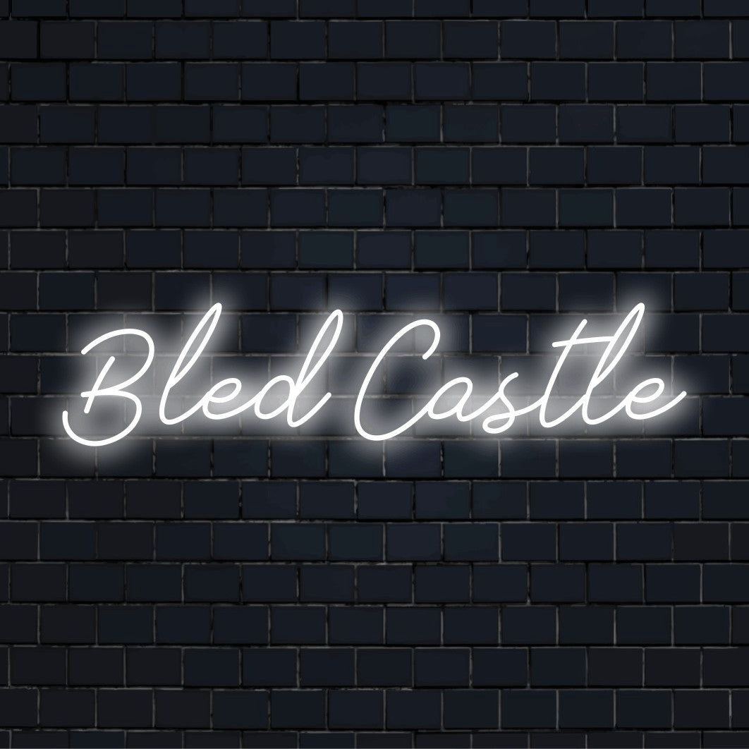 Bled Castle LED Neon Sign, soft neon glow on black brick background