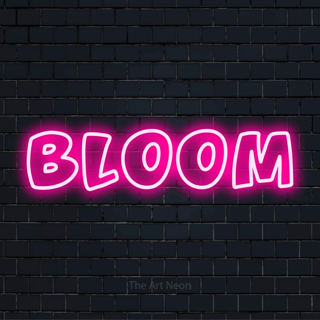 "Bloom" glowing LED neon sign on a black brick wall