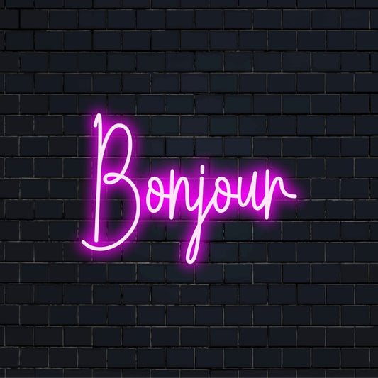 Bonjour LED Neon Sign, bright LED glow on dark brick wall