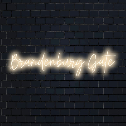 Brandenburg Gate Neon Light with bright neon lettering on dark brick background