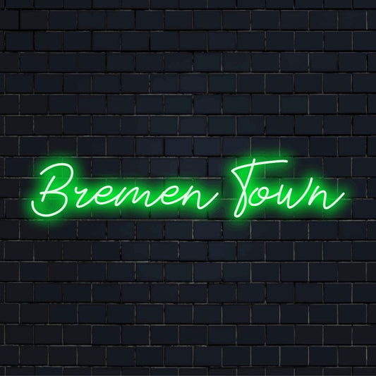 Bremen Town Neon Sign, soft neon glow against black brick wall