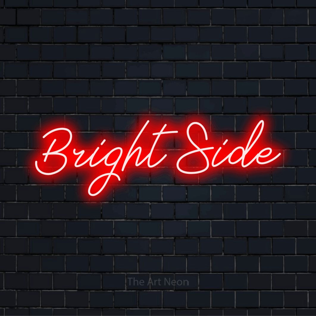 "Bright Side" text design with neon effect on a black brick wall