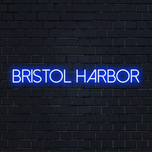 Bristol Harbor LED Neon Sign, soft neon glow on dark brick background