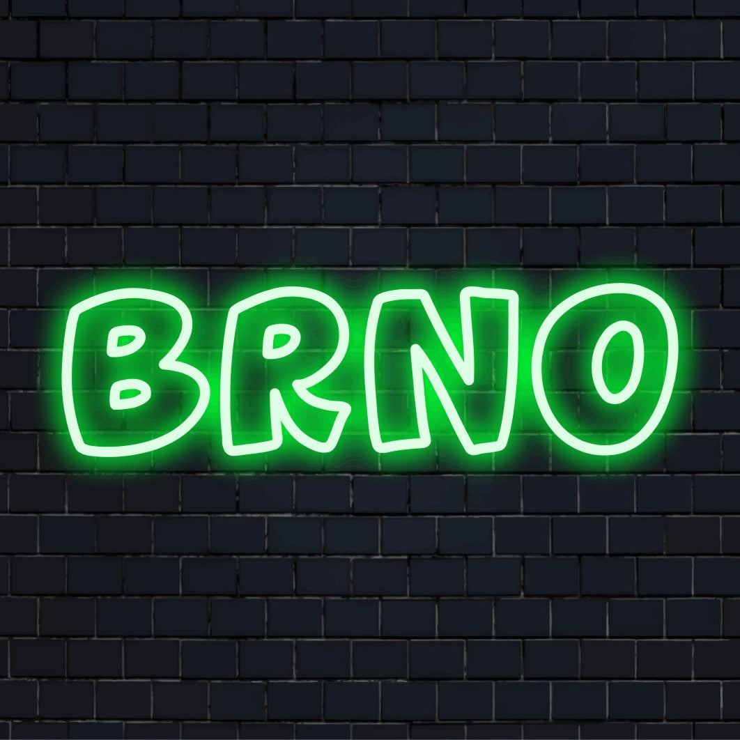 Brno Neon Sign, bright neon lettering against black brick wall