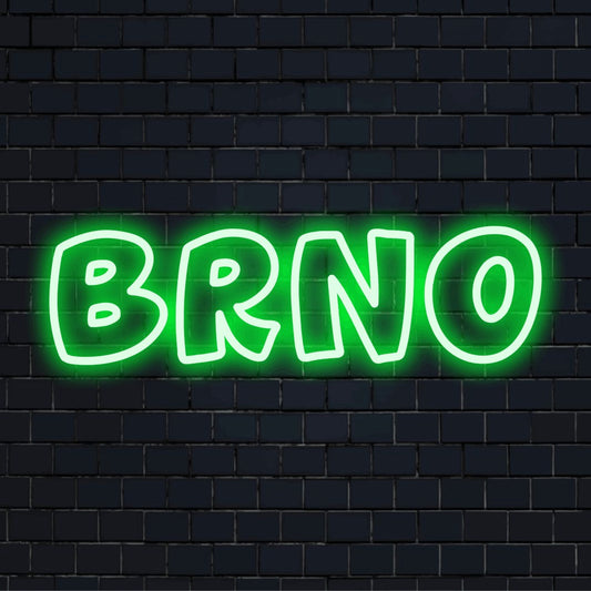 Brno Neon Sign, bright neon lettering against black brick wall