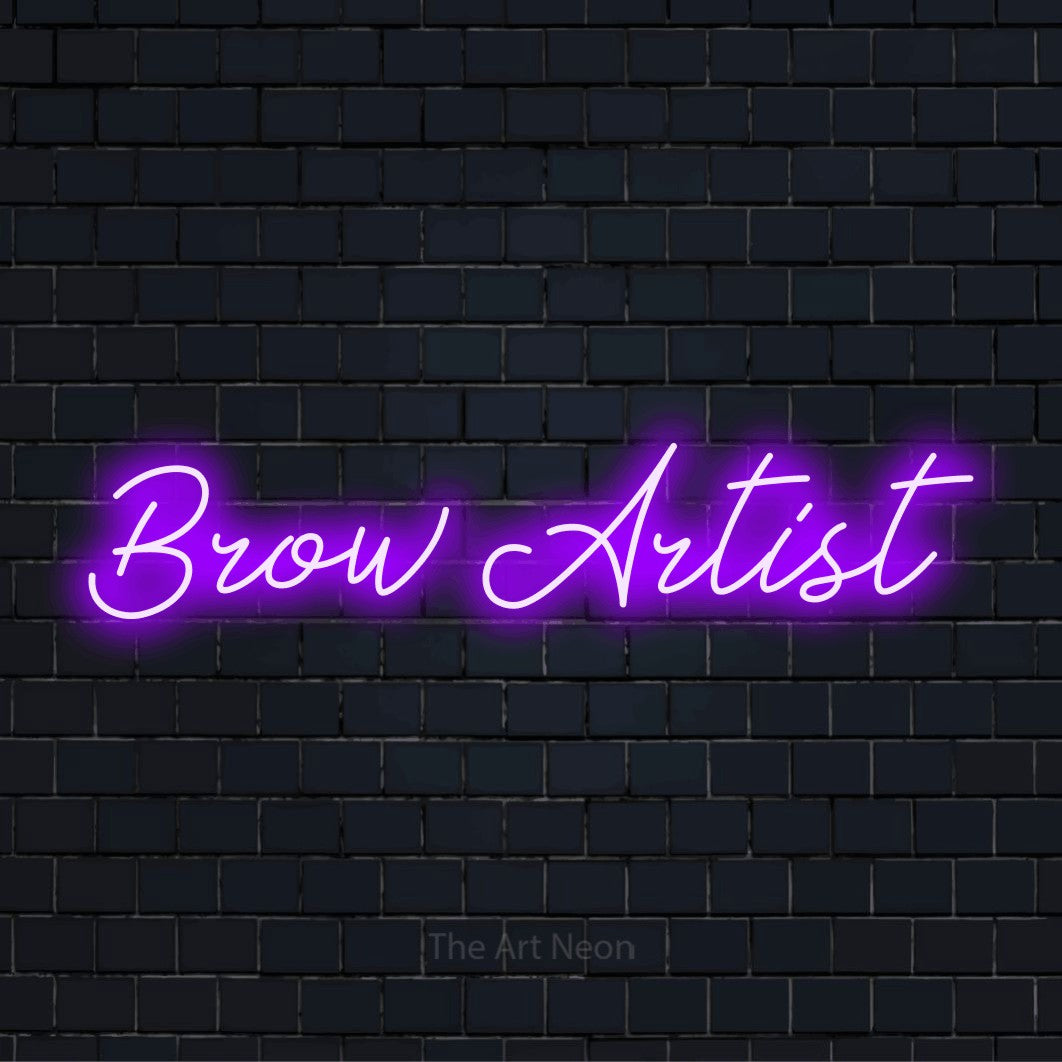 "Brow Artist" neon text design on a black brick wall