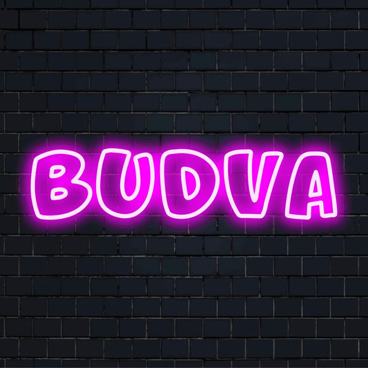 Budva Neon Sign, glowing wall decor on black brick background