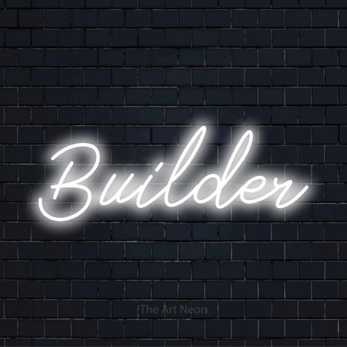 "Builder" text design with neon effect on a black brick wall