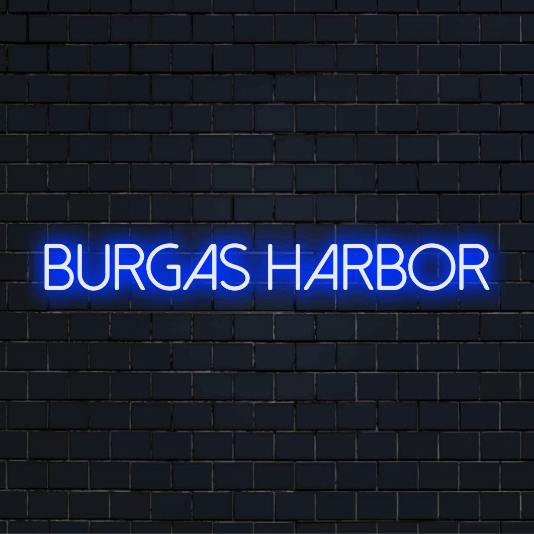 Burgas Harbor Neon Sign, glowing lettering on black brick background