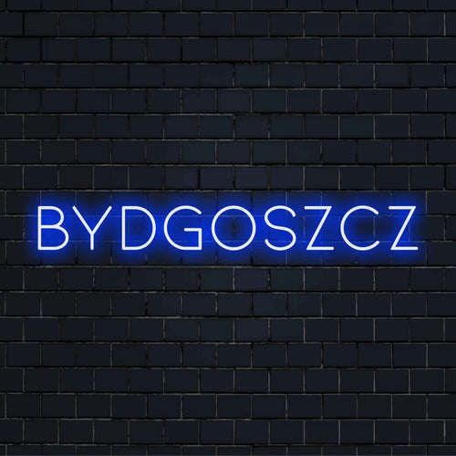Bydgoszcz LED Neon Sign, neon text light against black brick wall