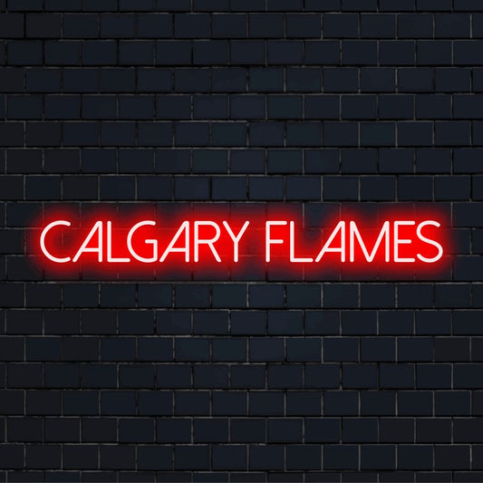 Calgary Flames Neon Light with glowing lettering on dark brick wall