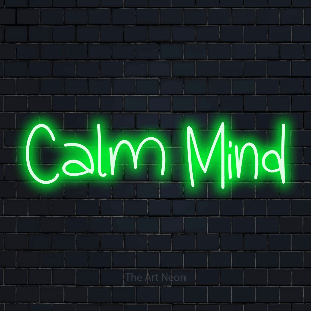 "Calm Mind" neon text design on a black brick wall