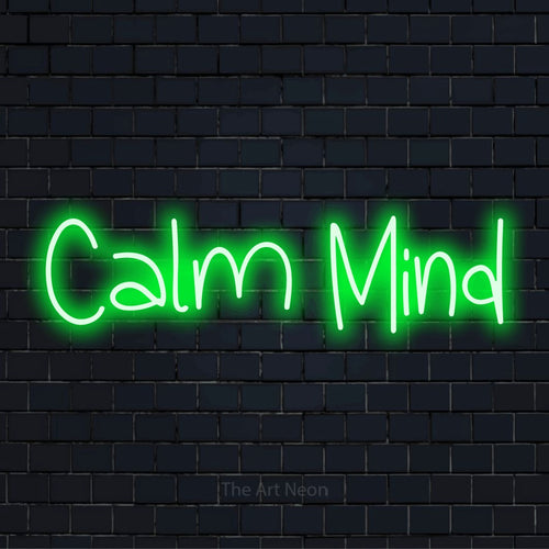 "Calm Mind" neon text design on a black brick wall