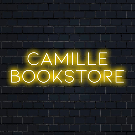 Camille Bookstore Personalized LED Neon Sign, bright LED glow against black brick wall