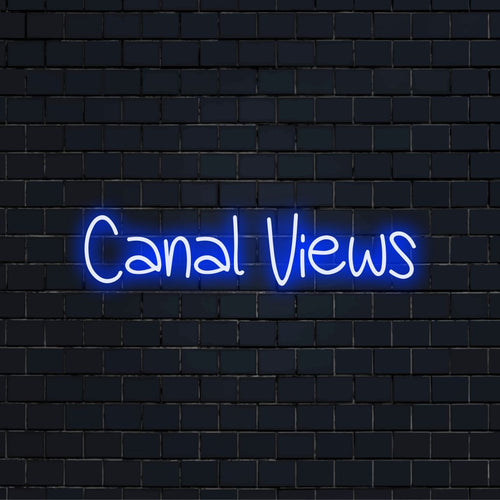 Canal Views LED Neon Sign, bright neon lettering on black brick background