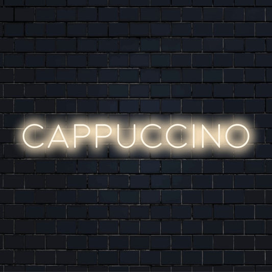 Cappuccino Neon Sign, glowing wall decor against black brick wall