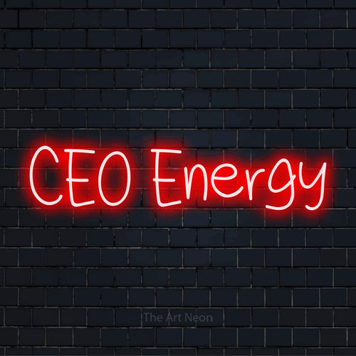 "Ceo Energy" glowing LED neon sign on a black brick wall
